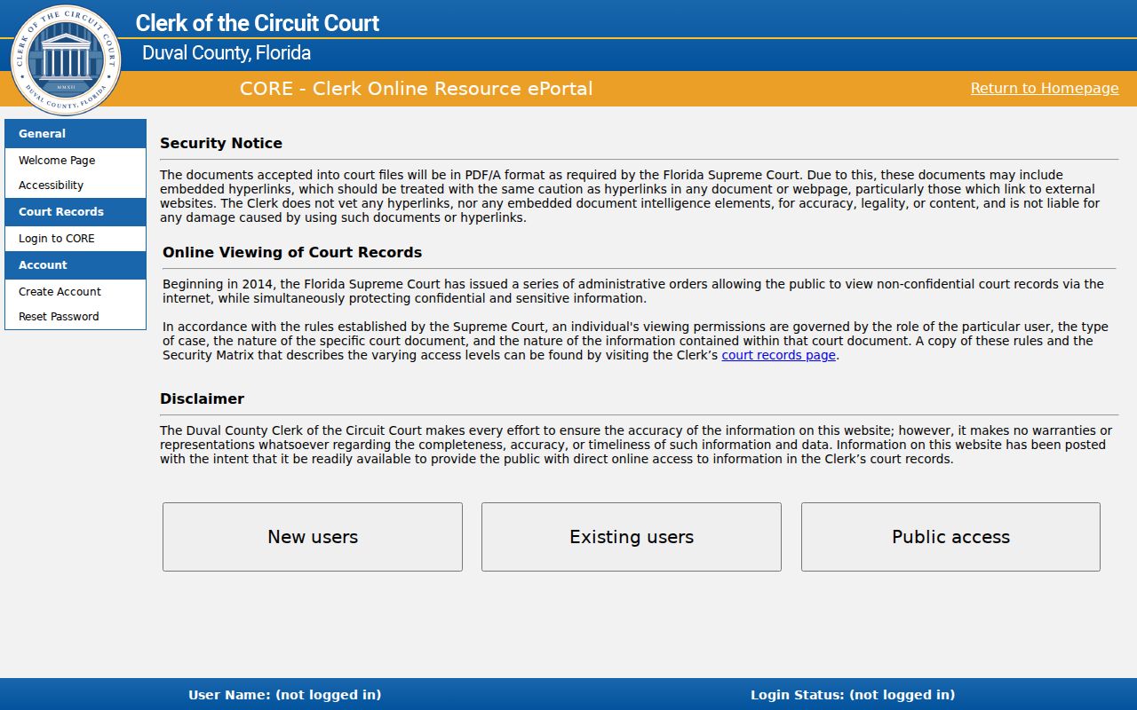 Duval County residents directory CORE court lookup