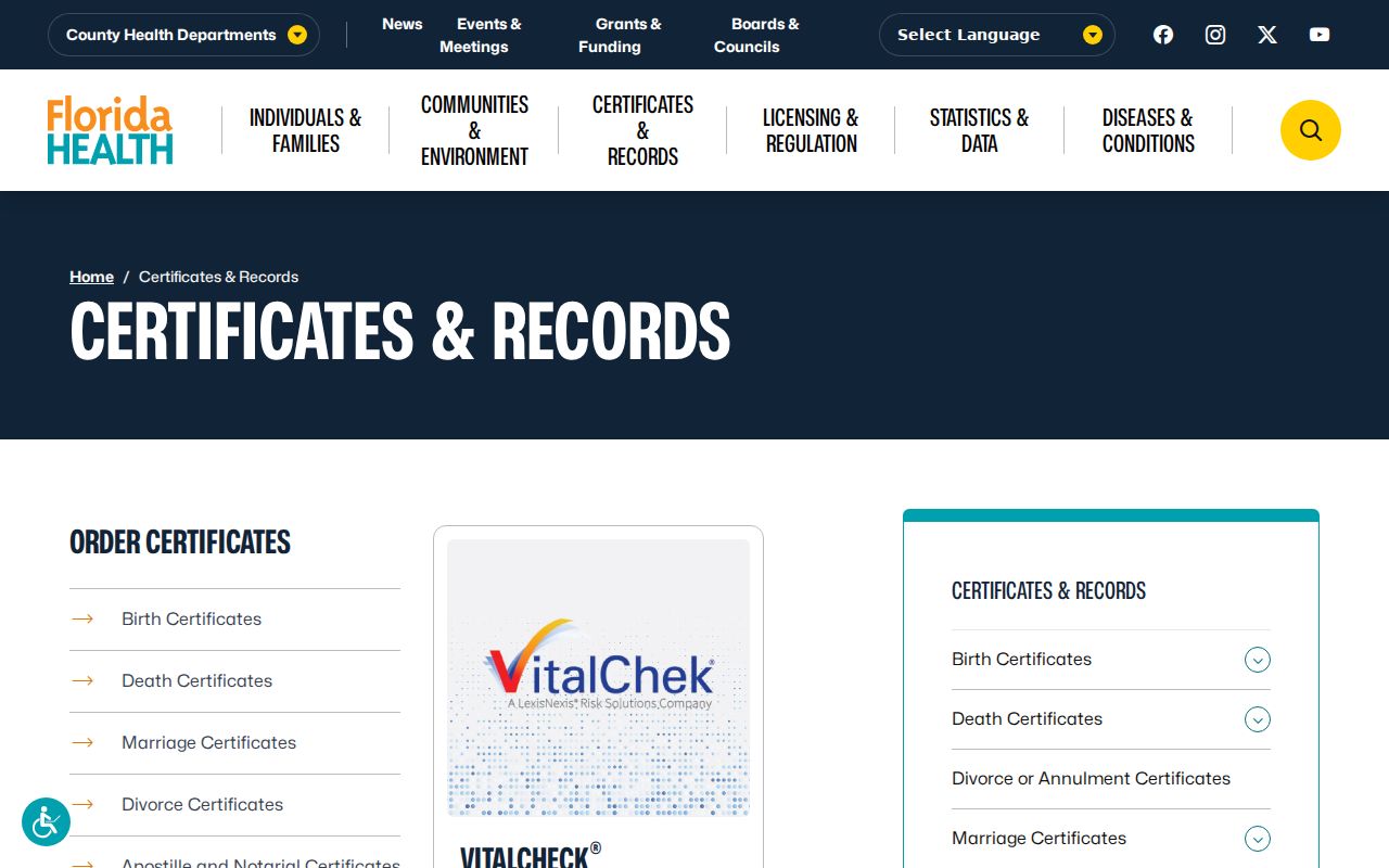Florida Bureau of Vital Statistics certificate and records gateway