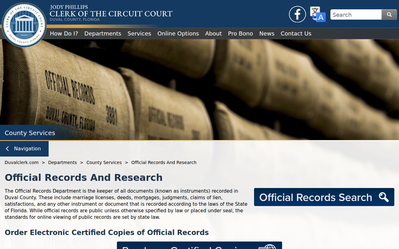 Duval County Clerk Official Records research and copy access page