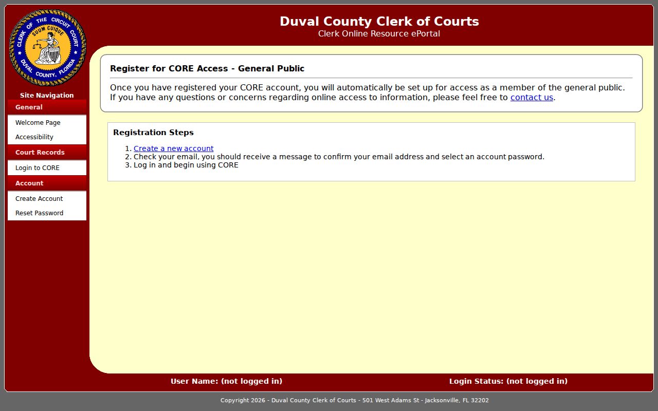 Duval County resident lookup on the CORE public court page