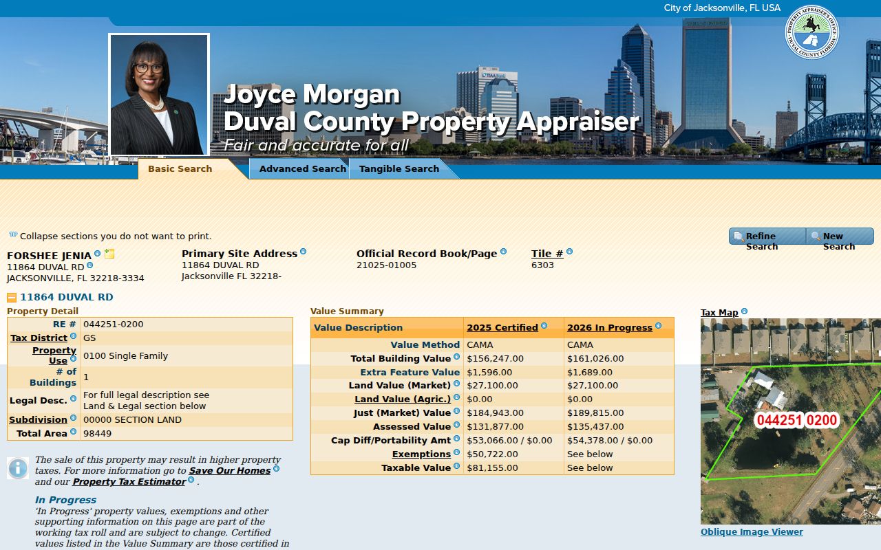 Representative Duval County parcel card with site and mailing addresses